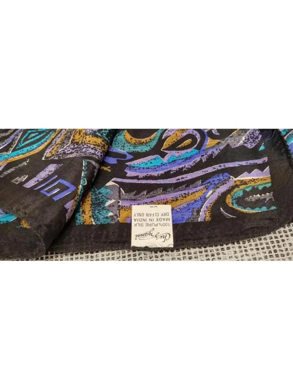 Picasso Inspired Art Tribal Scarf PURE SILK INDIA VINTAGE 80s Purple Black Swirl